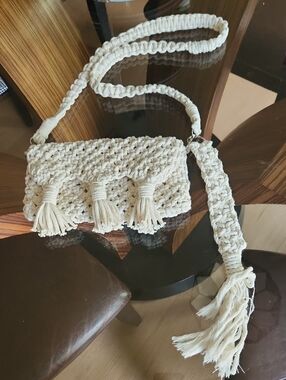 Handmade Cream Macrame Crossbody Bag with Tassels